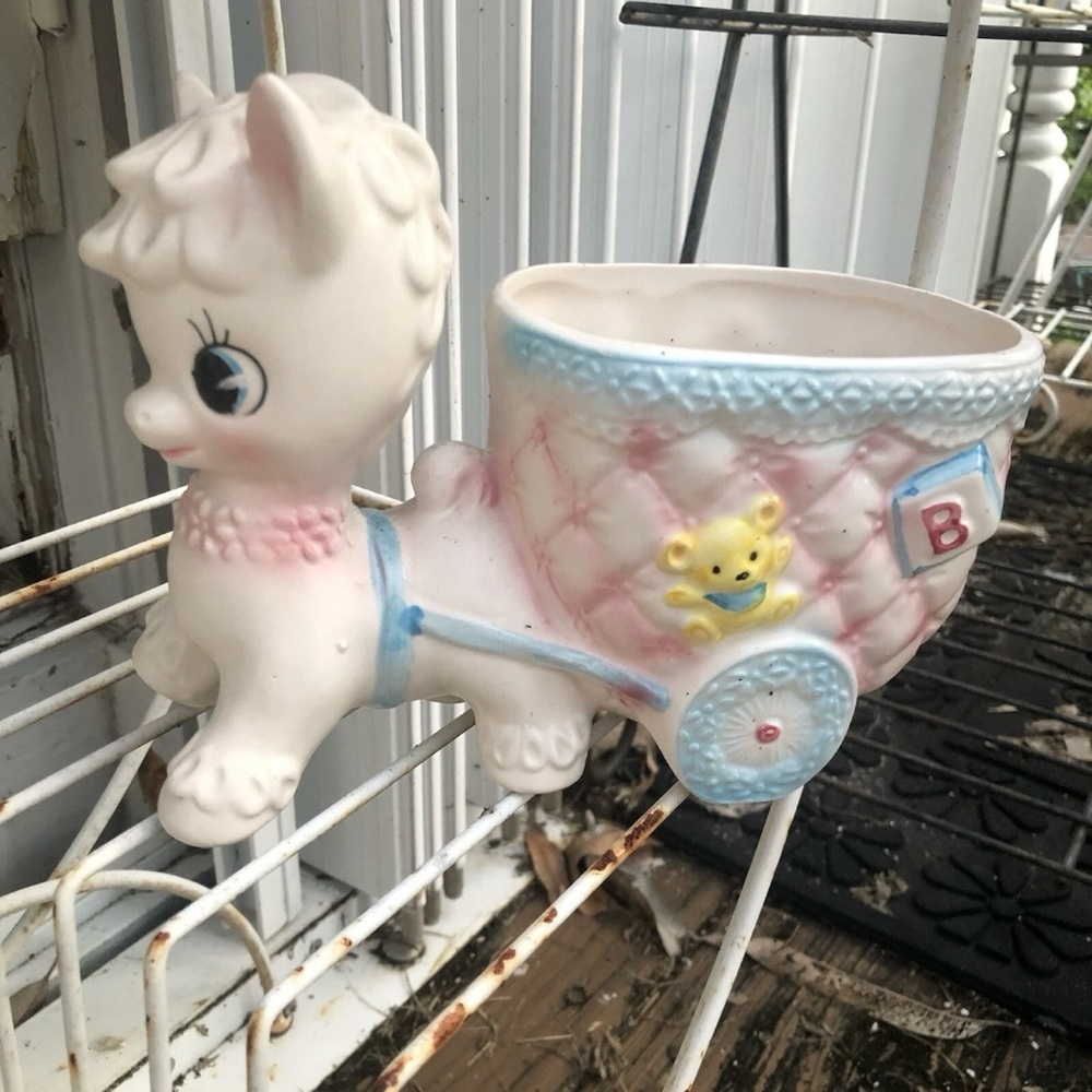 Napcoware Nursery Baby Planter Horse Cart Pink Blue Yellow Vintage 50s 60s Japan